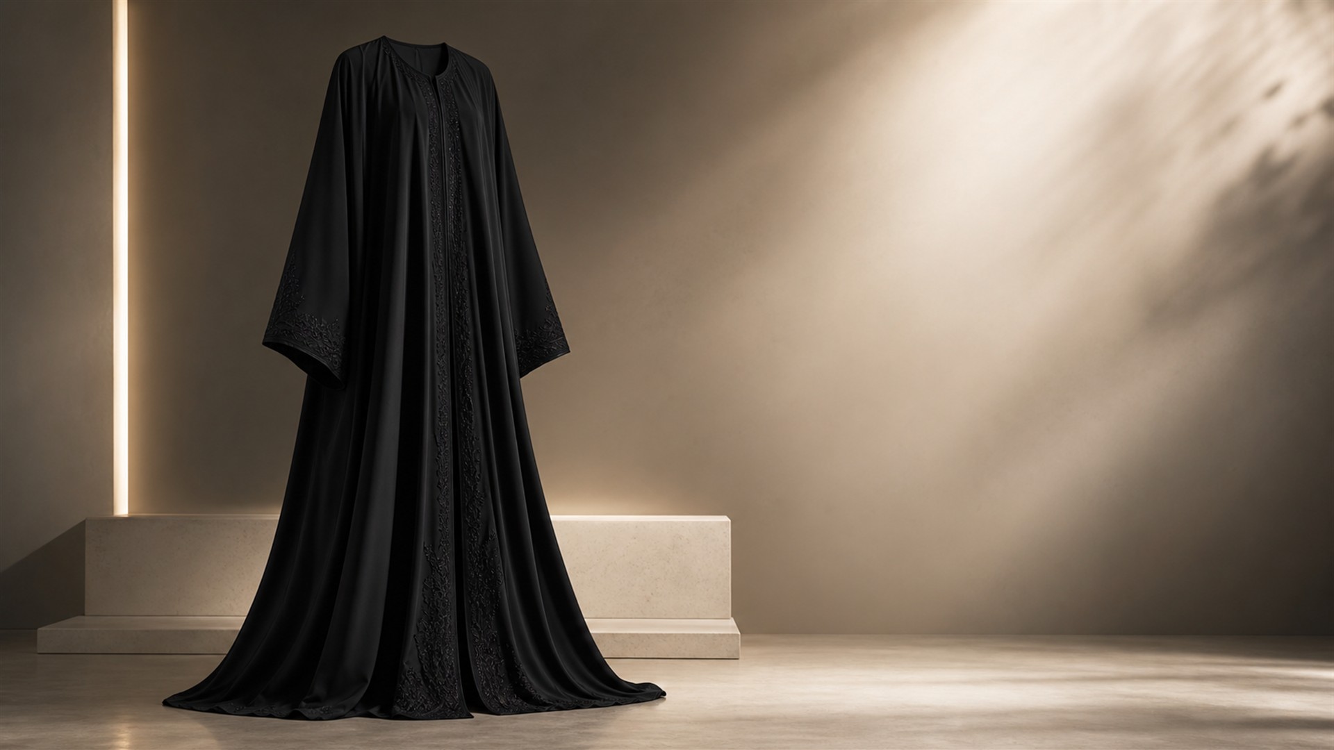 Black Veanora luxury borkha displayed in an editorial studio
