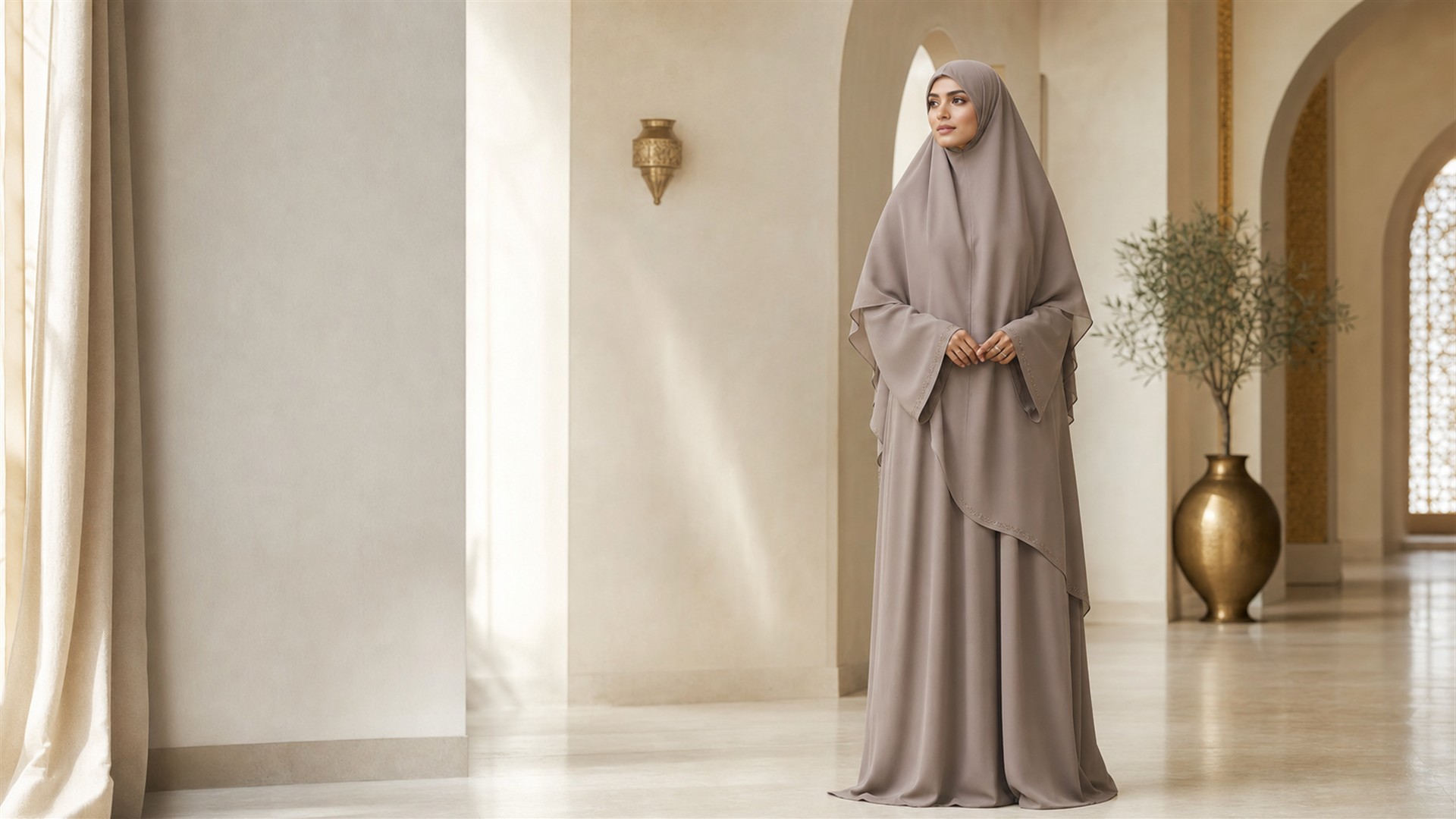 Woman wearing a luxury Veanora khimar and abaya